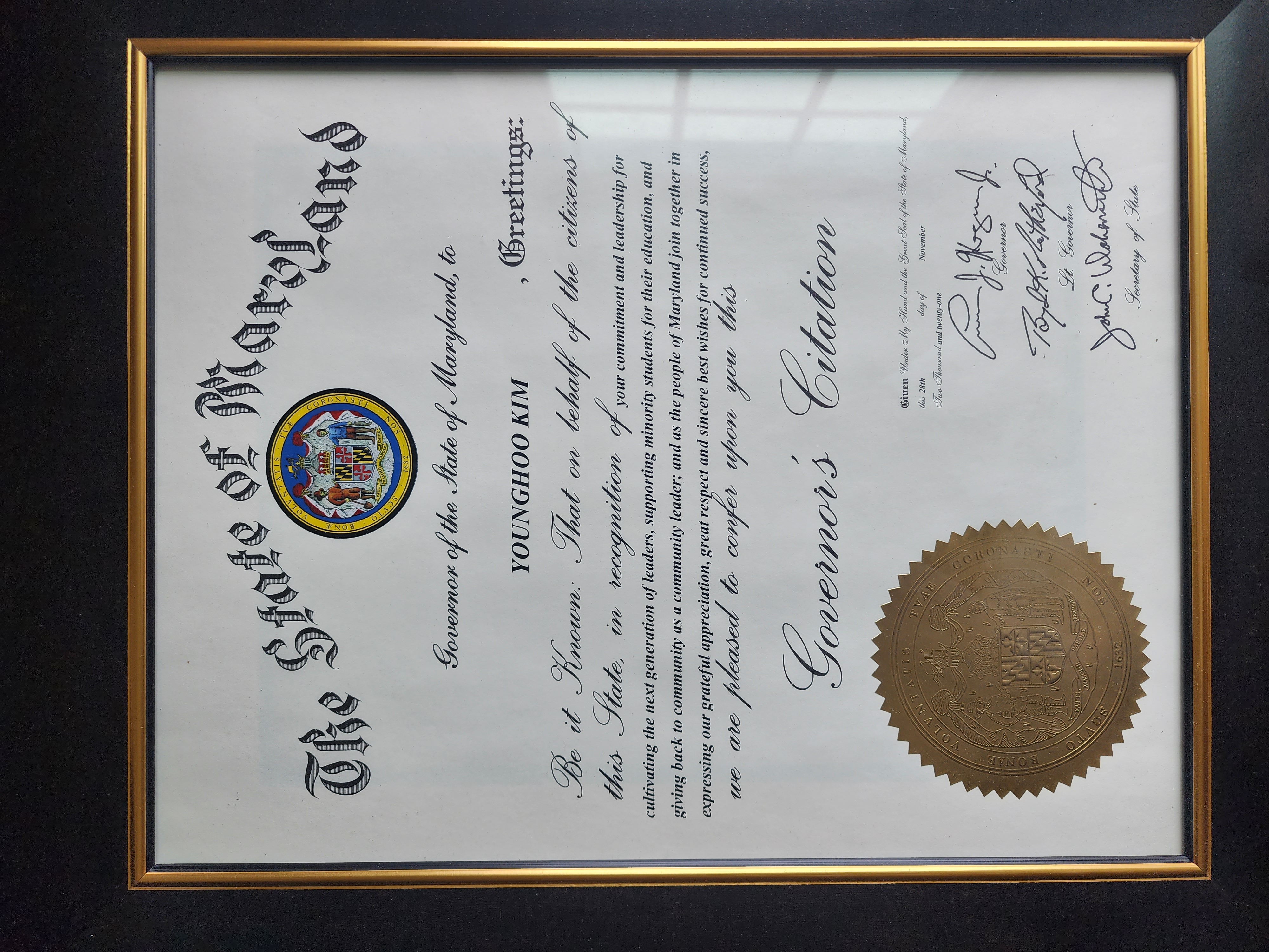 Maryland State Governor's Citation